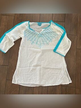 White Cotton Tunic Beach Cover Aqua Blue with Turquoise Trim Sequins size L